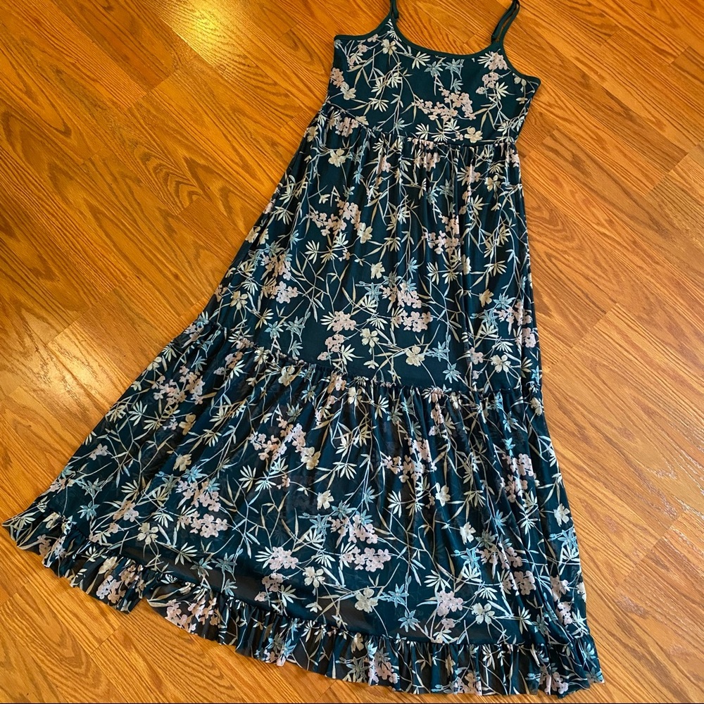Emerald Floral Mesh Gown Half Slip Dress Size Medium Sleeveless Midi Maxi Dress - Picture 1 of 13
